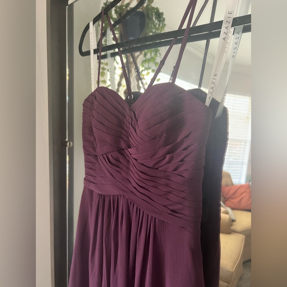 “Haleigh” Azazie Bridesmaid Dress: Color Plum. Size A2